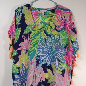 Womens Lilly Pulitzer Tropical Print 100% Cotton Tassel Swim Cover Up Size S/M
